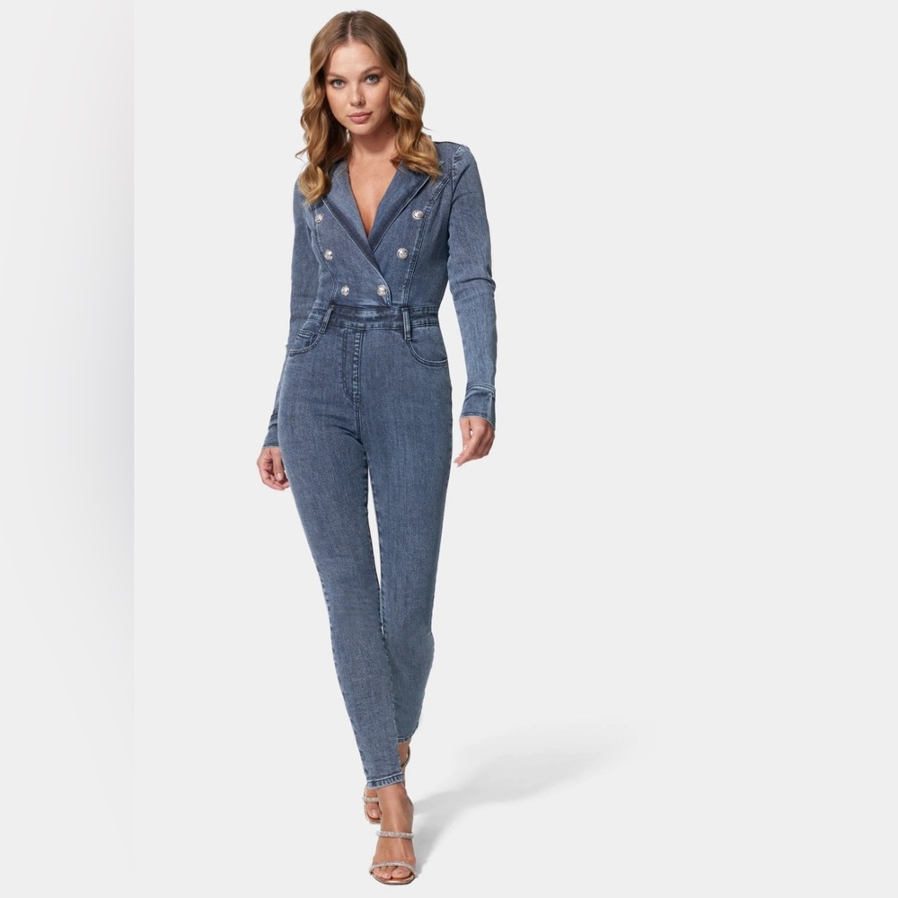 BEBE Double Breasted Skinny Leg Denim Jumpsuit Sz 6